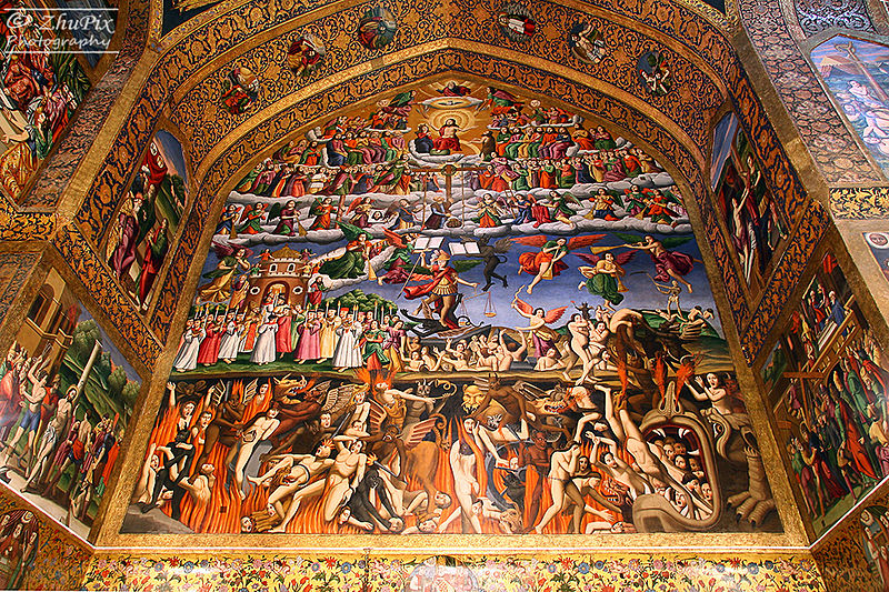 نقاشی روی گچ ارمنی بیان کننده بهشت ، زمین و جهنم - کلیسای وانک